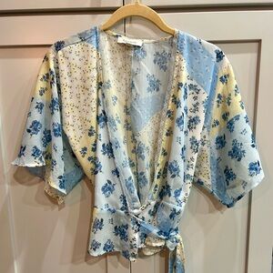 Francesca's Collections Floral Wrap Blouse in Blue and Cream whimsical fairy